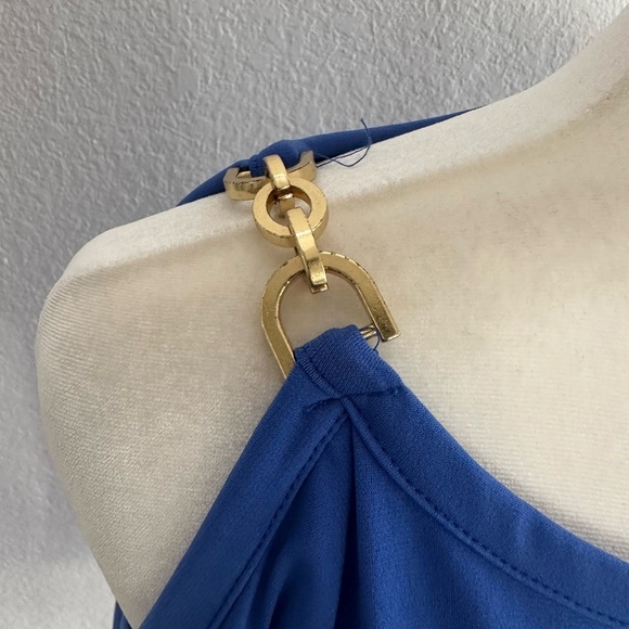Michael Kors Royal Blue Cold Shoulder Blouse with Gold Shoulder Chain Accents - Picture 3 of 6
